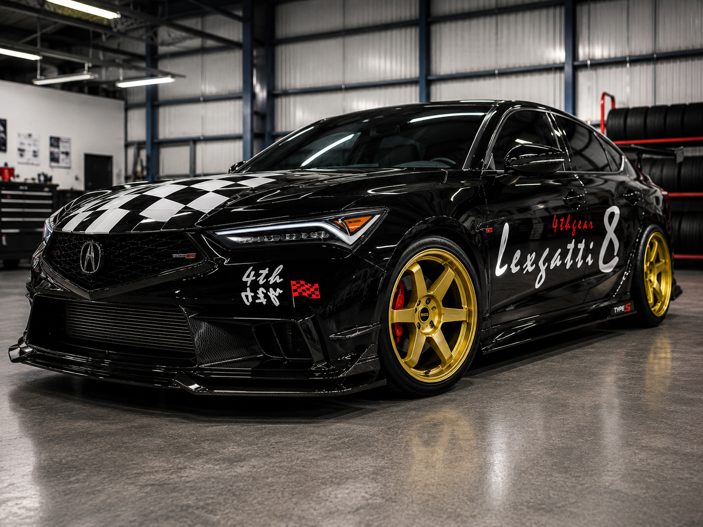 2023 Acura Integra A-Spec, Project Lexgotti — gloss black 4thGear build with gold five-spoke wheels